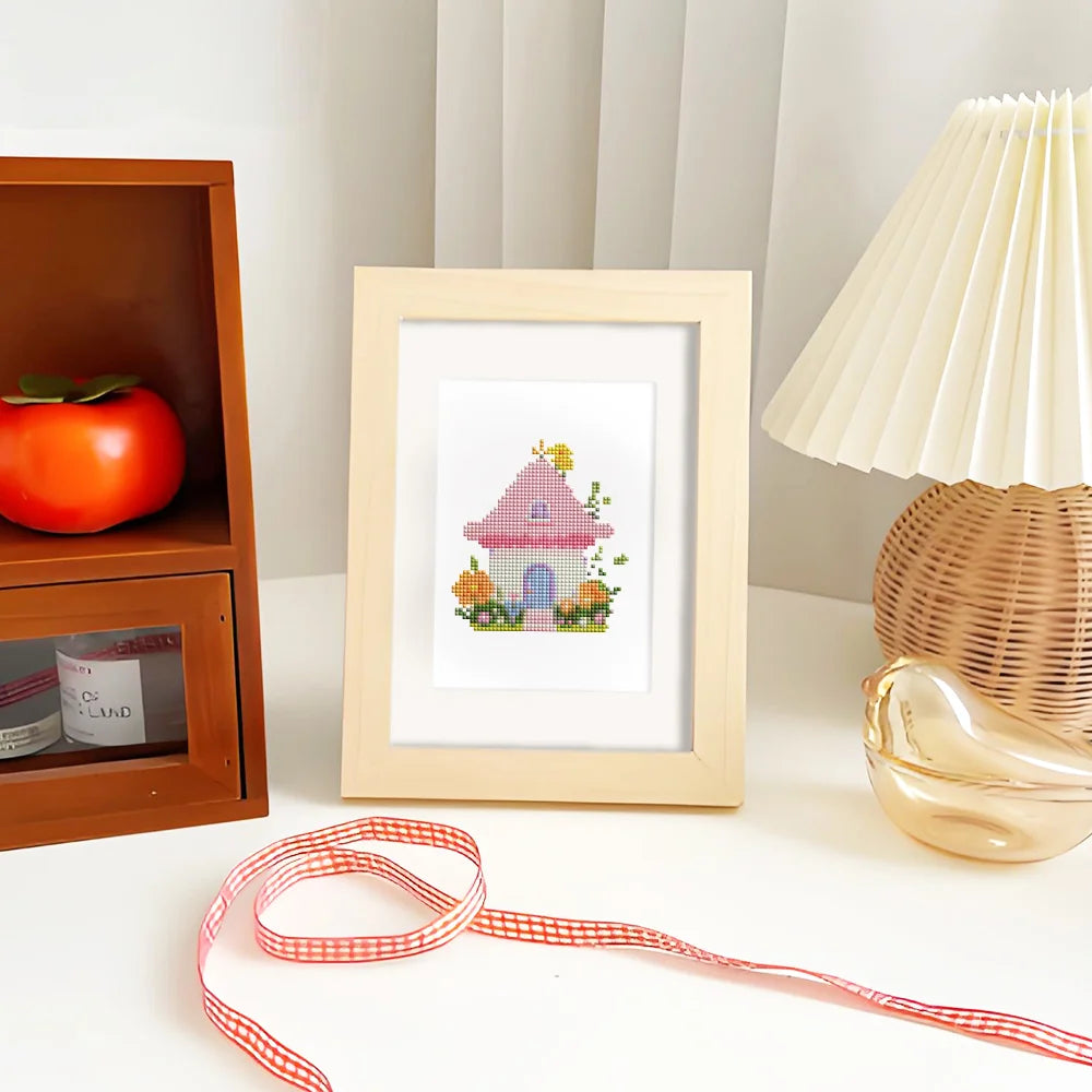 Framed Fairy Garden Cottages mini diamond painting artwork presented as finished decor