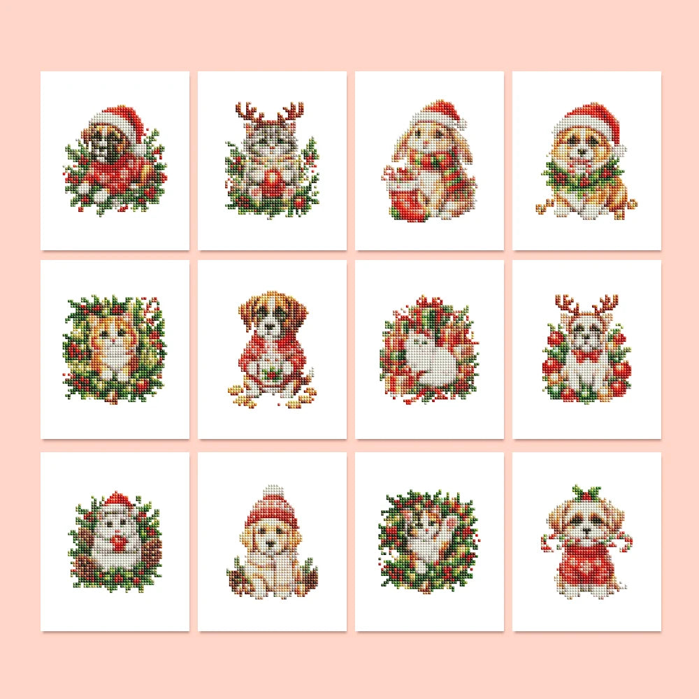 Festive Woodland Friends twelve-pack mini diamond painting set with all designs