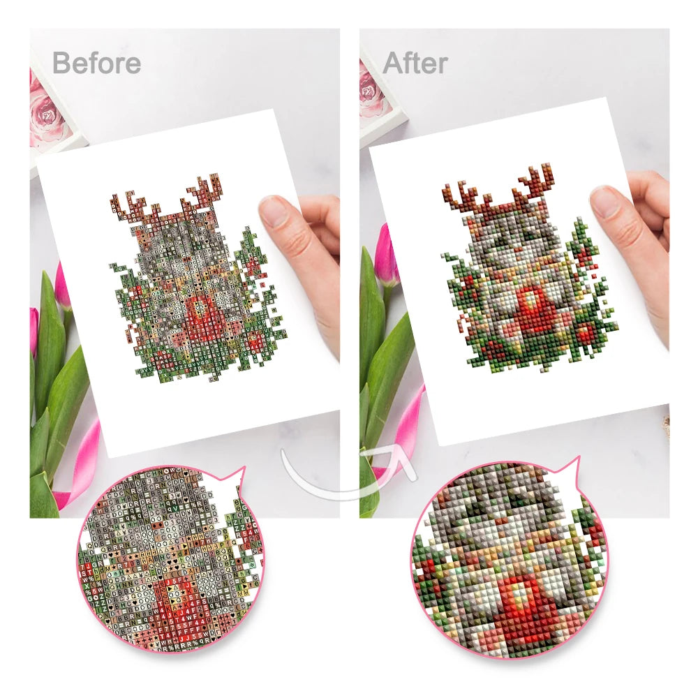 Before and after view of a Festive Woodland Friends mini diamond painting design