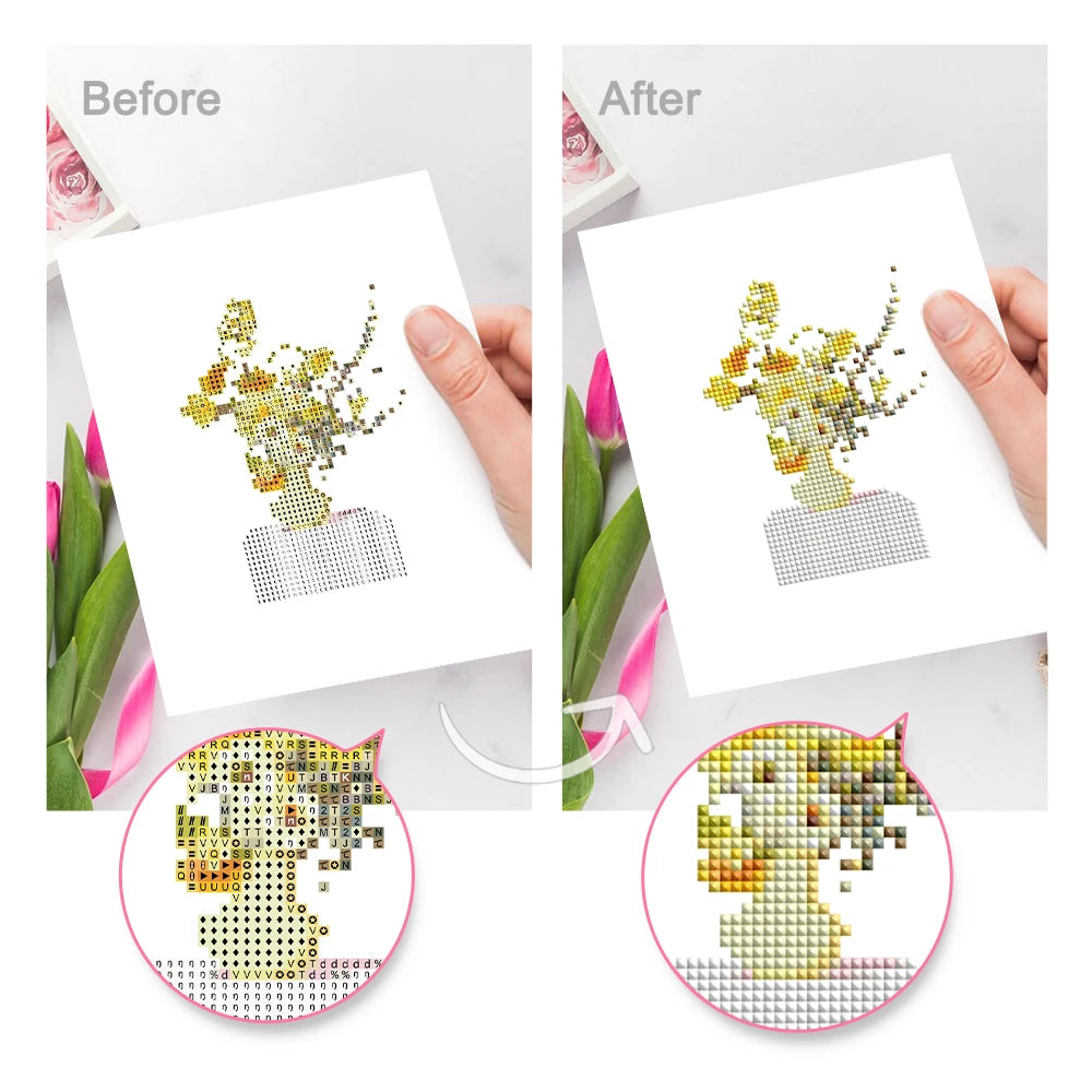 Before and after view of a Floral Arrangements mini diamond painting design