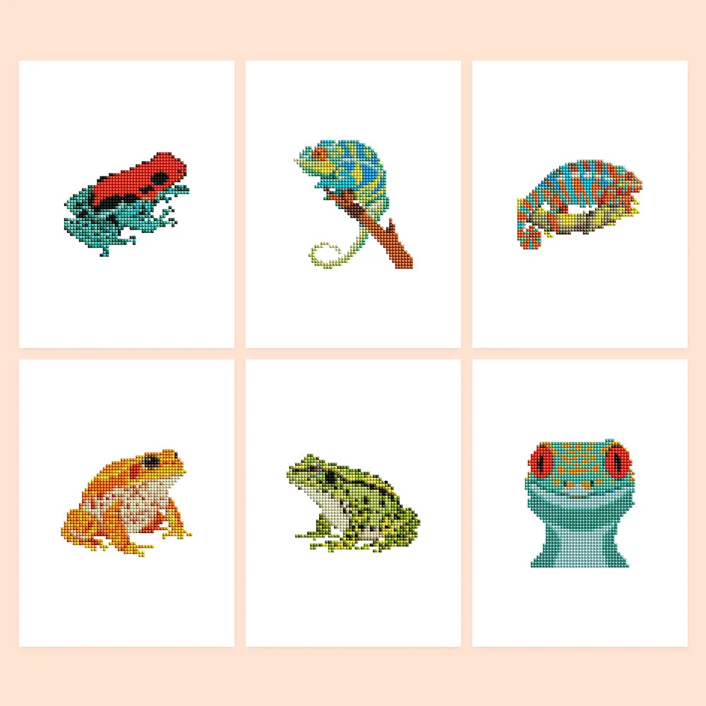 Frogs, Lizards & Chameleons six-pack mini diamond painting set with all designs