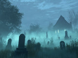 Fog-covered grave markers in blue-green and dark teal mist