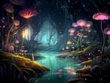 Luminous turquoise stream surrounded by glowing pink and purple mushrooms
