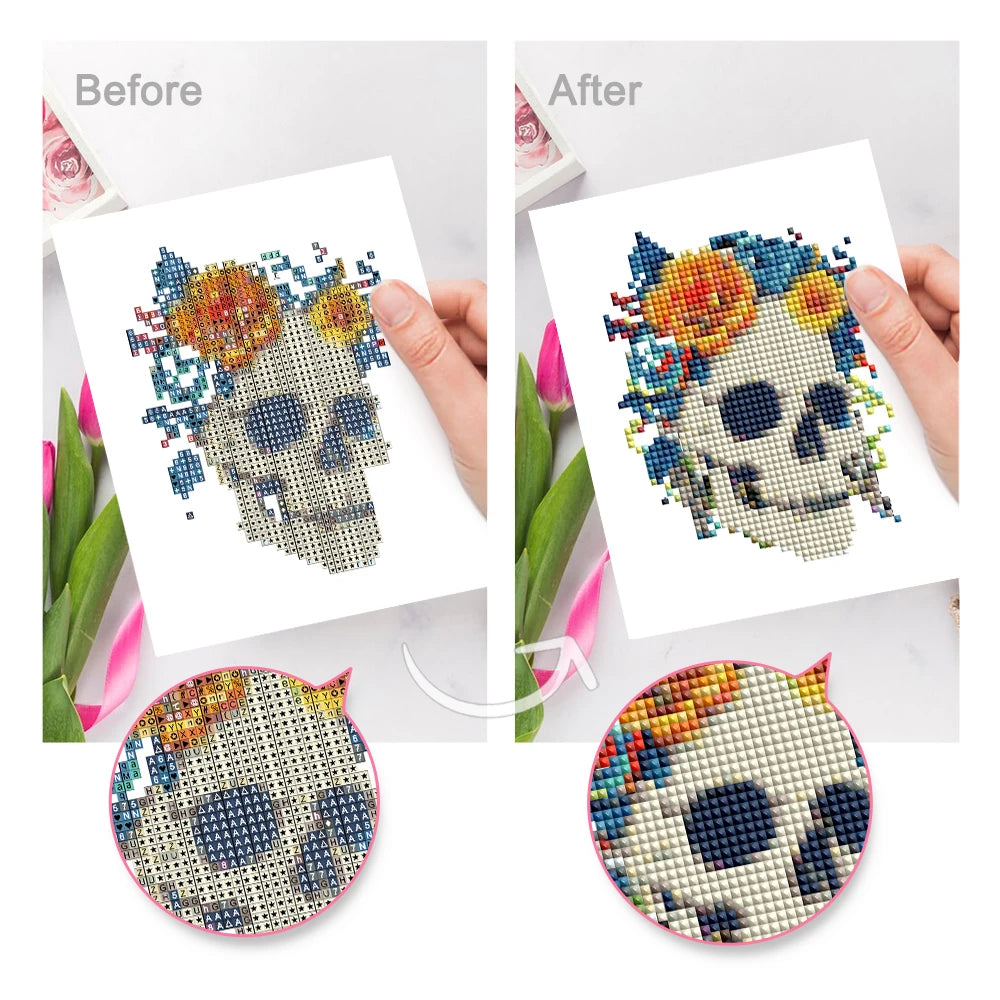 Before and after view of a Gothic Halloween Night mini diamond painting design