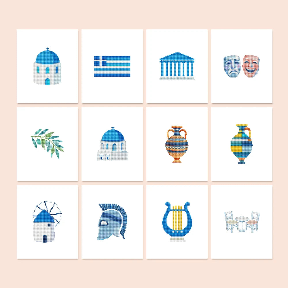 Greek Island Icons twelve-pack mini diamond painting set with all designs