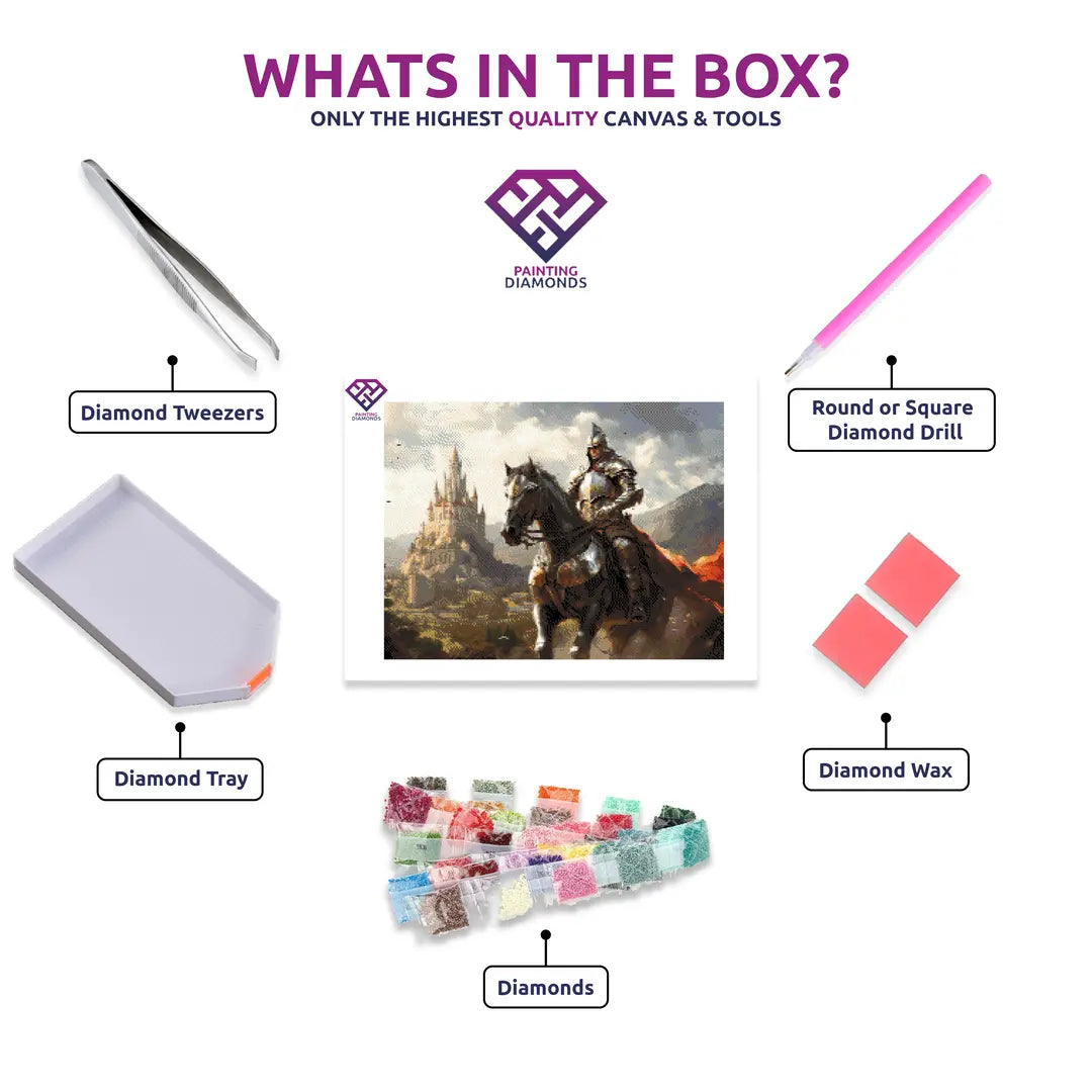 Heroic Knight diamond painting canvas with tweezers, applicator pen, tray, wax and coloured drills