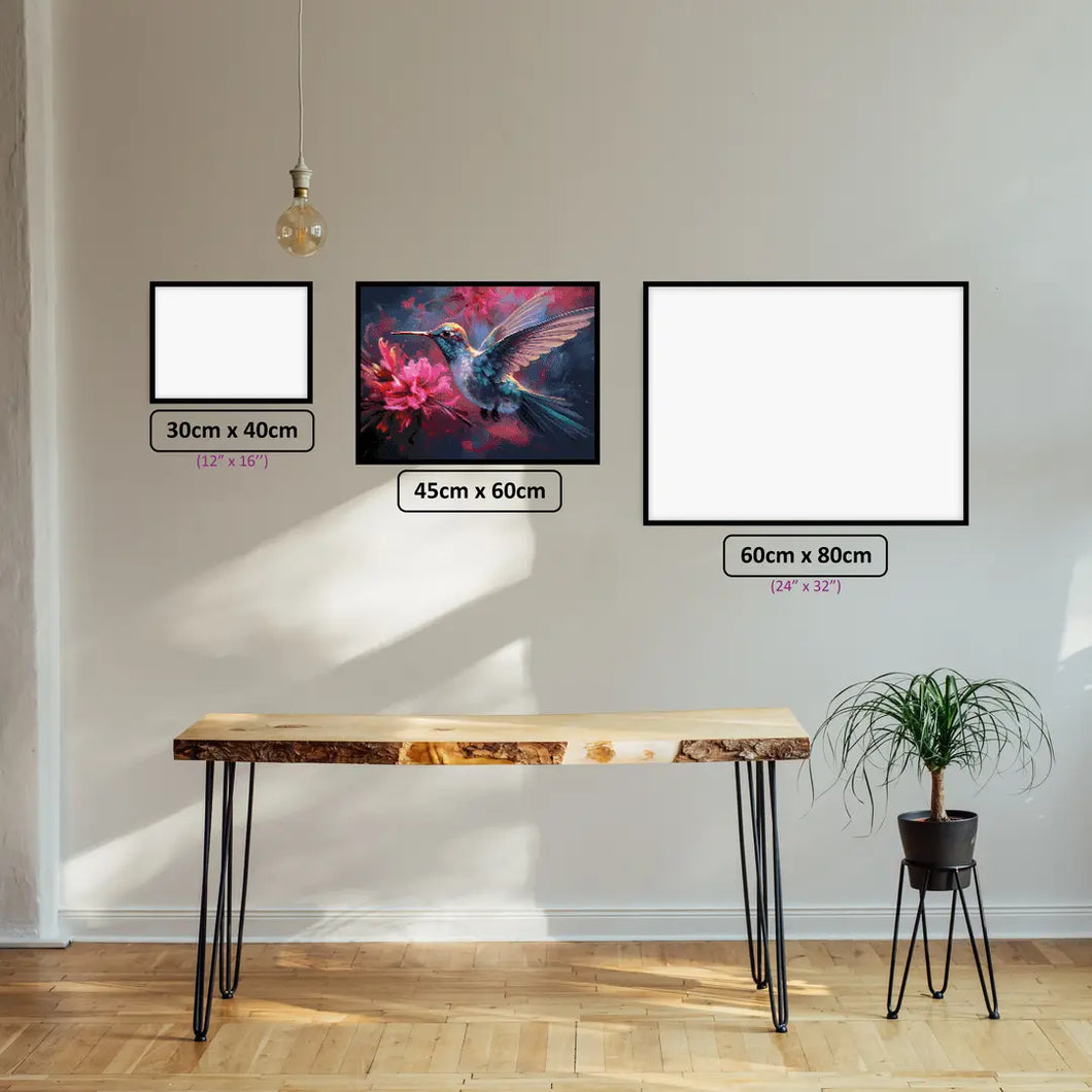 Hummingbird Whisper diamond painting displayed in a room setting