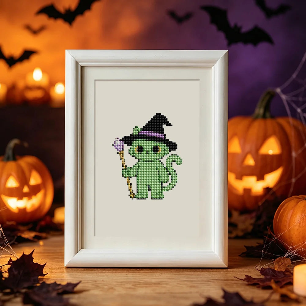 Kawaii Halloween Creatures mini diamond painting design displayed in a decorative room setting