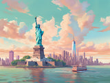 Green robed statue on a stone pedestal in turquoise, aqua, peach tones in an urban waterfront