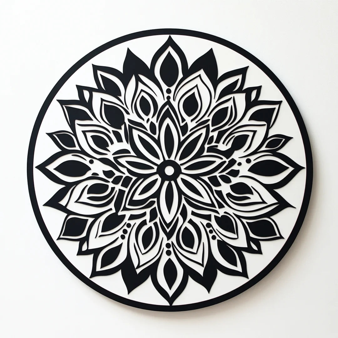 Black and white mandala with intricate floral and geometric patterns on a pale background