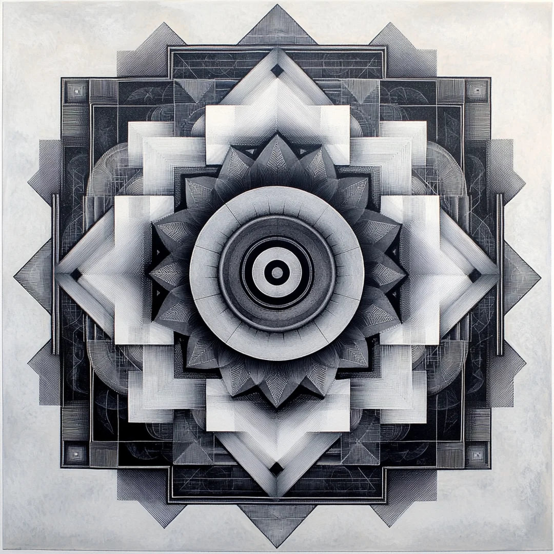Black, grey and off-white geometric mandala with intricate layered circular patterns