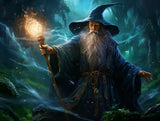 elderly bearded man in a dark blue robe and wide, pointed hat Standing front-facing, gripping the staff