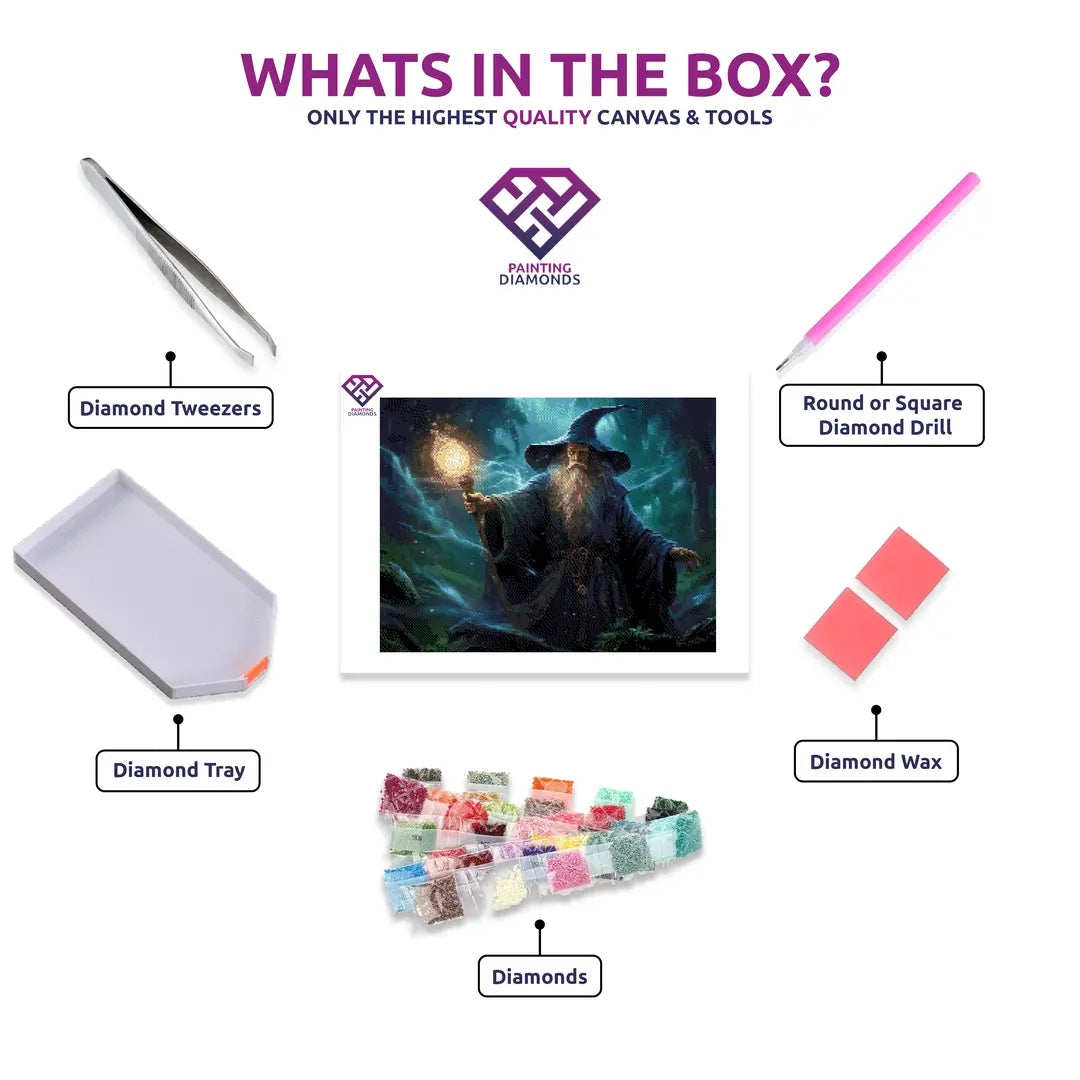 Mysterious Wizard diamond painting canvas with tweezers, applicator pen, tray, wax and coloured drills