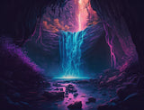 Luminous cyan waterfall cascading into a pool among purple rocks