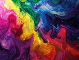 Fluid abstract marbling with vivid pink, yellow, green and blue swirls against deep purple