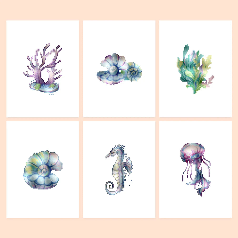 Ocean Coral & Shells six-pack mini diamond painting set with all designs