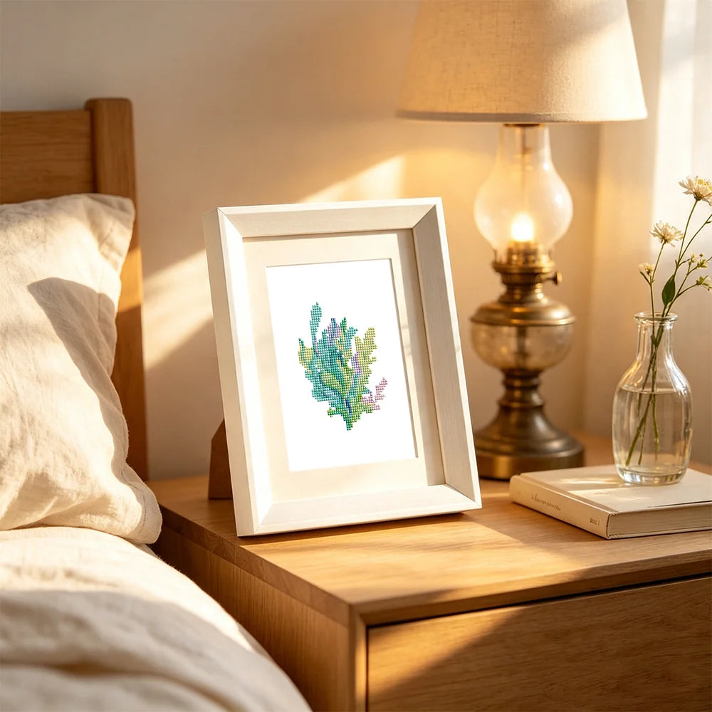 Framed Ocean Coral & Shells mini diamond painting artwork presented as finished decor