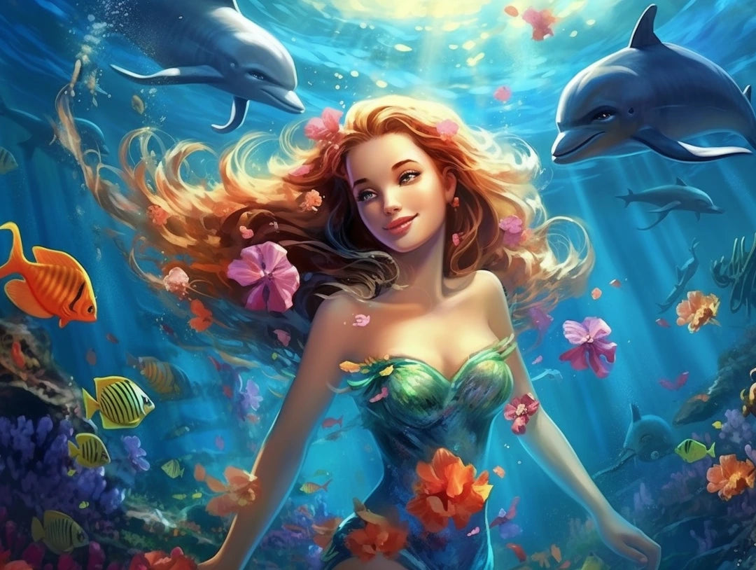 Illustrated young woman underwater