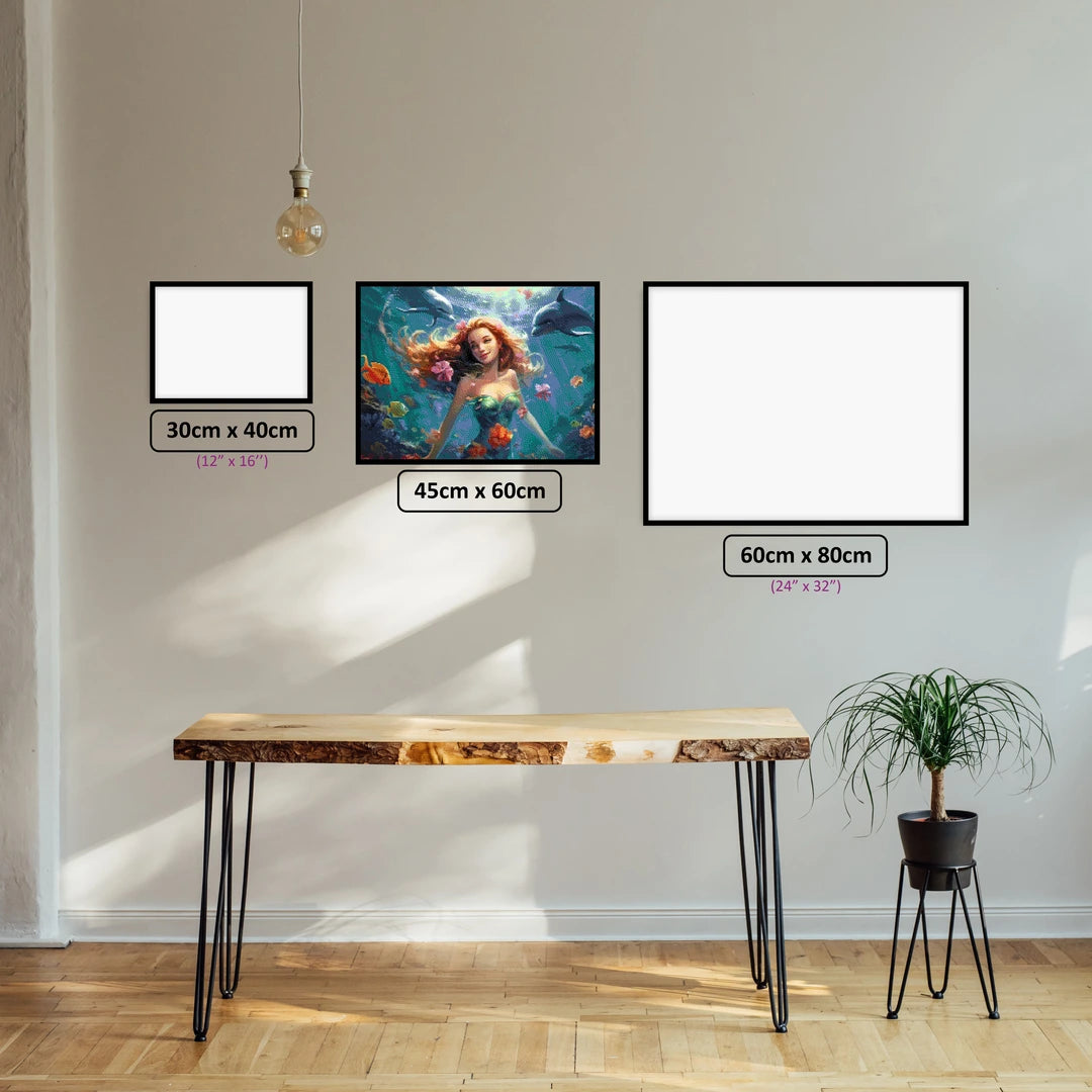 Ocean Mermaids diamond painting displayed in a room setting
