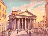 Classical domed building with tall columns above a pastel-coloured plaza