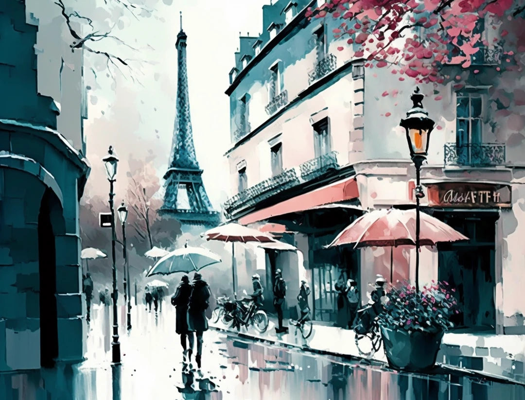 Eiffel Tower above a teal and pink street with pedestrians carrying umbrellas