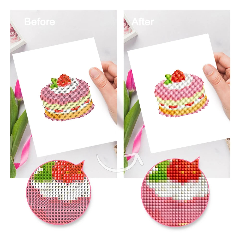Before and after view of a Pastel Desserts mini diamond painting design