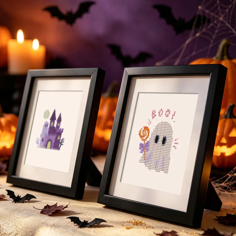 Pastel Halloween Cuties mini diamond painting design displayed in a decorative room setting