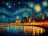 Golden city lights reflected in dark blue water beneath a swirling sky