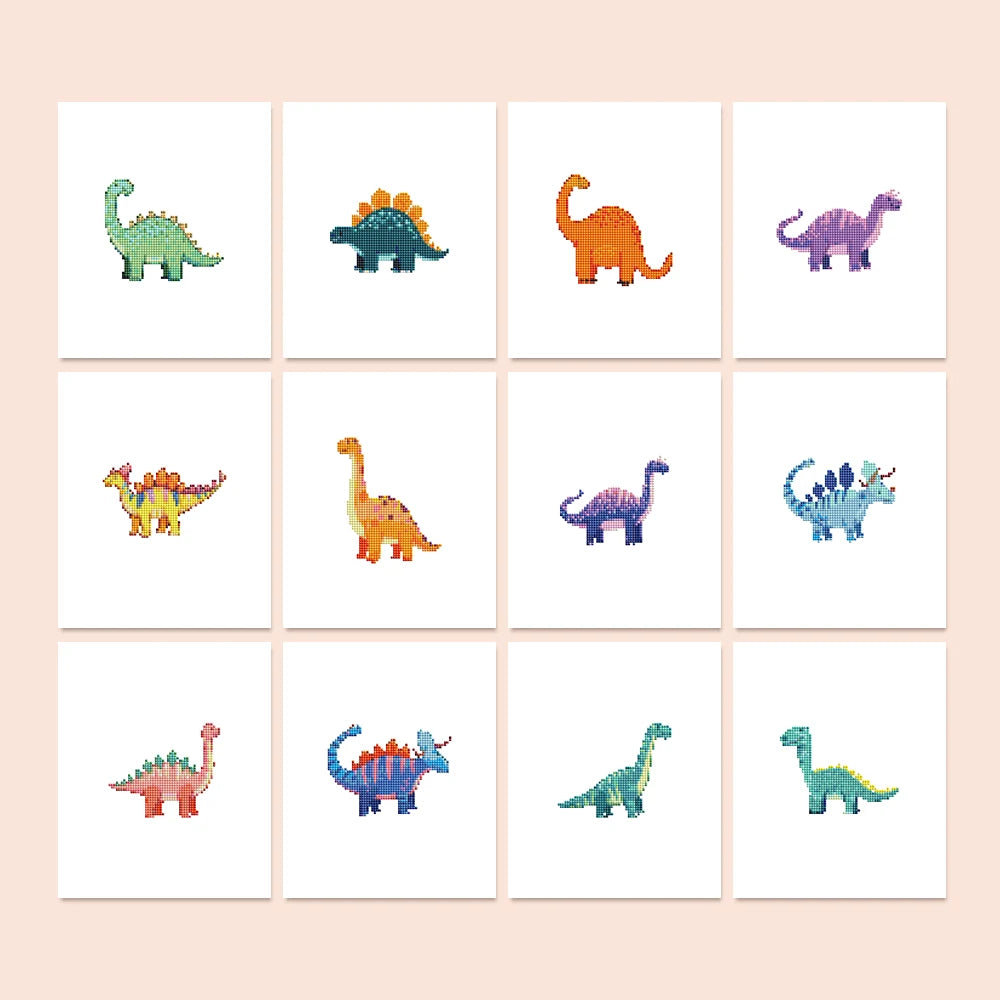Playful Dinosaurs twelve-pack mini diamond painting set with all designs