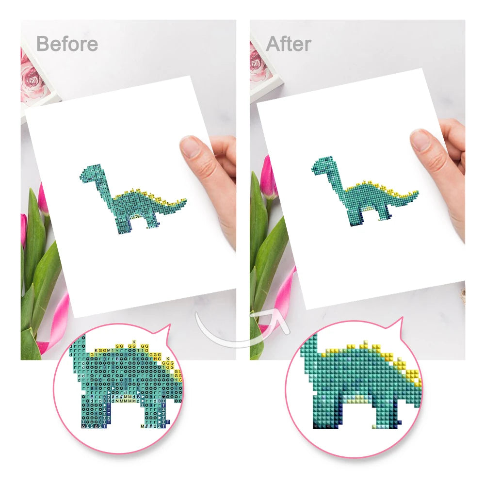 Before and after view of a Playful Dinosaurs mini diamond painting design
