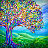 Broad tree with a multicoloured trunk and green, blue and purple leaves
