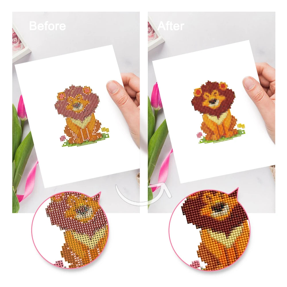 Before and after view of a Safari Animal Friends mini diamond painting design