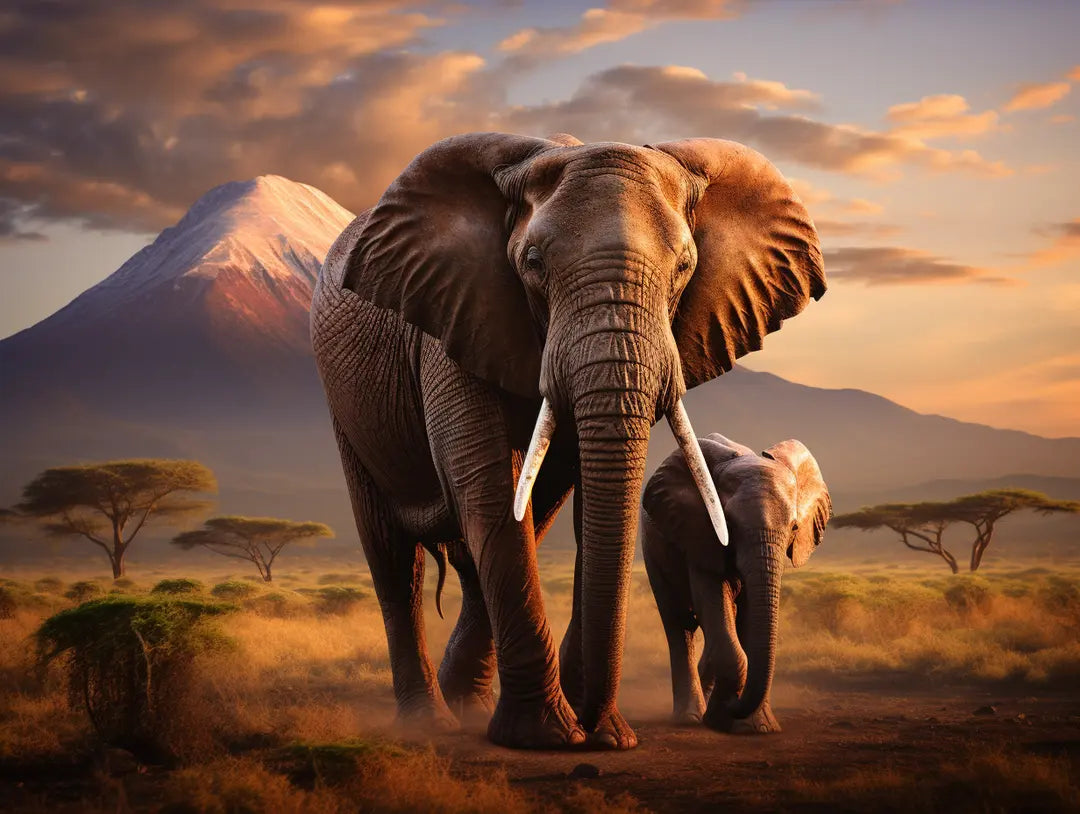 Large elephant and smaller companion facing forward in golden grassland