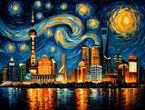 City skyline beneath swirling dark blue clouds and orange stars