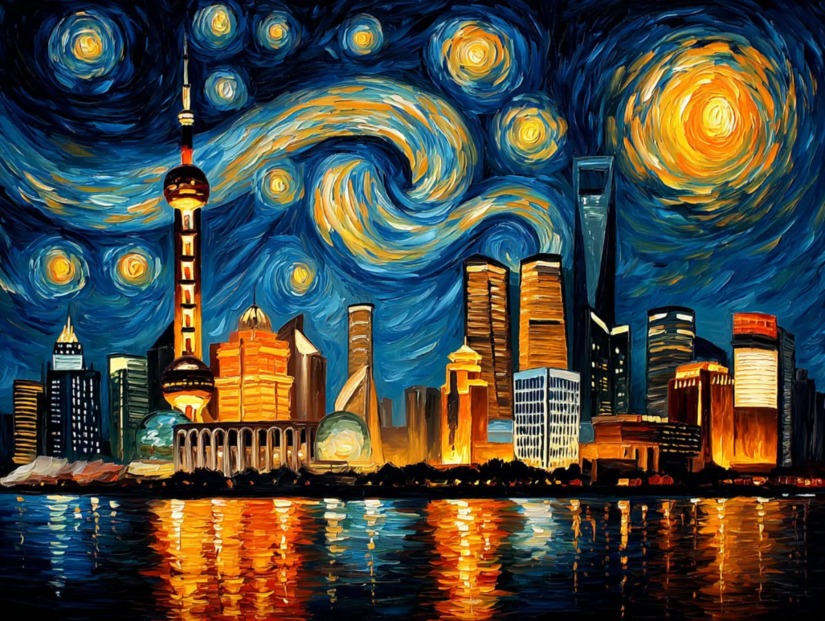 City skyline beneath swirling dark blue clouds and orange stars
