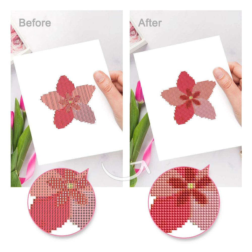 Before and after view of a Star Blooms mini diamond painting design