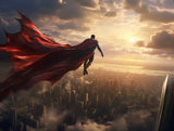 Human-like figure viewed from behind, wearing a large flowing red cape Suspended above the city