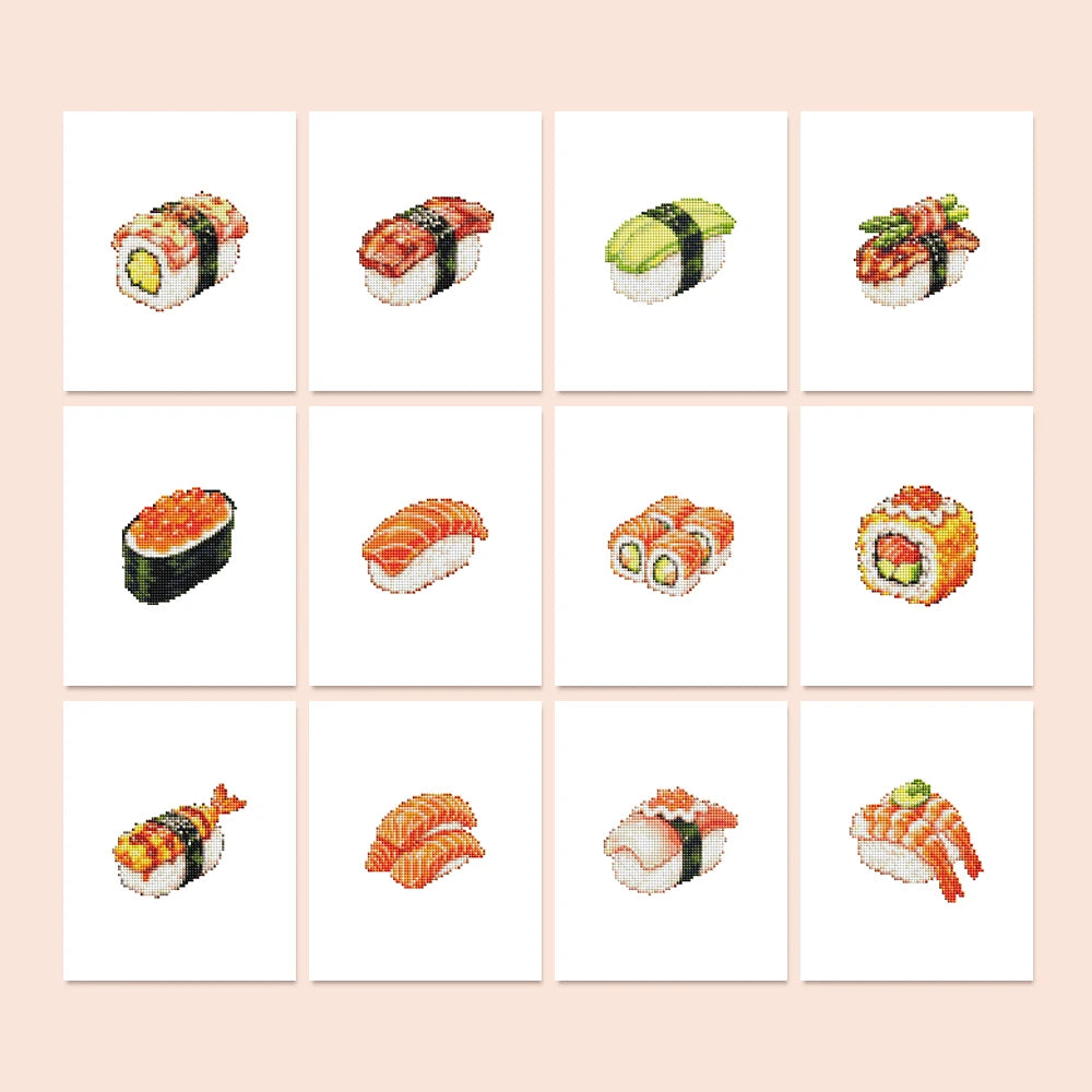 Sushi Favourites twelve-pack mini diamond painting set with all designs