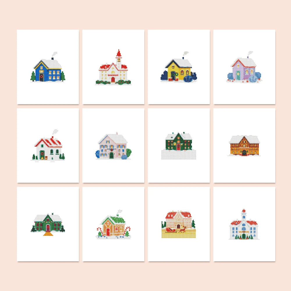 Tiny Village Houses twelve-pack mini diamond painting set with all designs