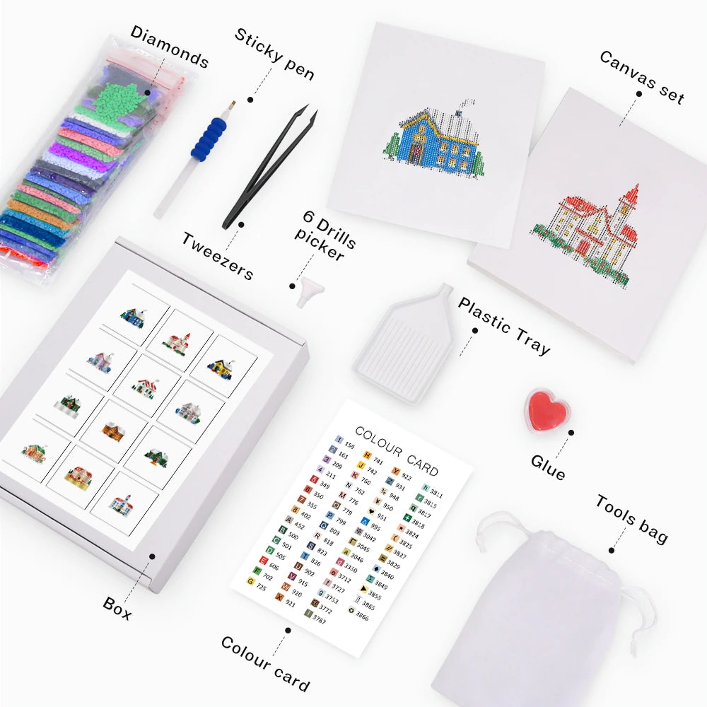 Tiny Village Houses Mini Diamond Painting Set – 12 Pack
