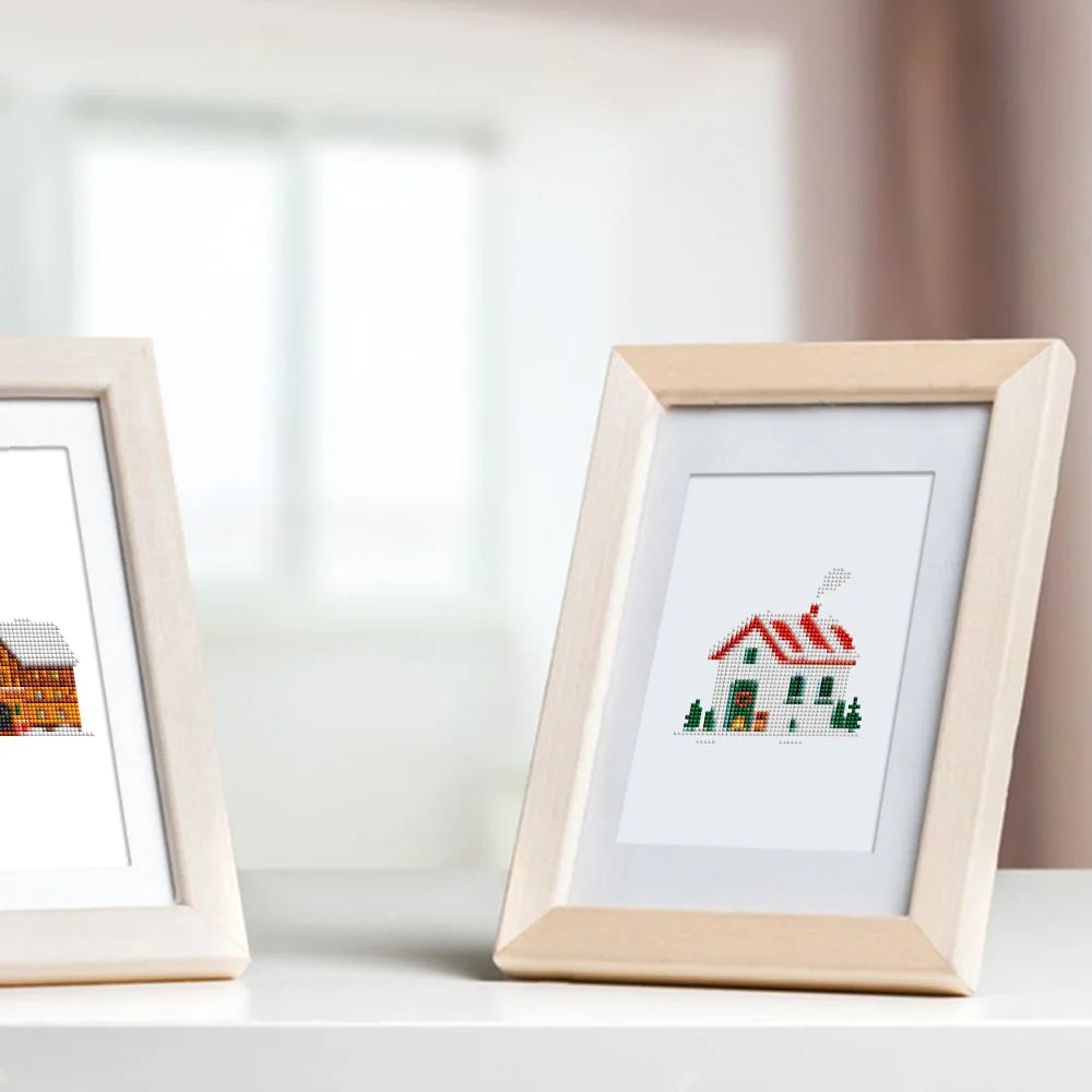 Framed Tiny Village Houses mini diamond painting artwork presented as finished decor