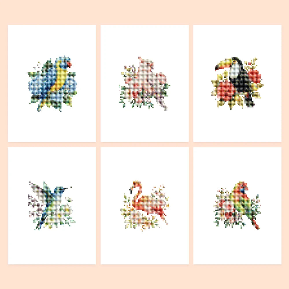 Tropical Birds & Blooms six-pack mini diamond painting set with all designs