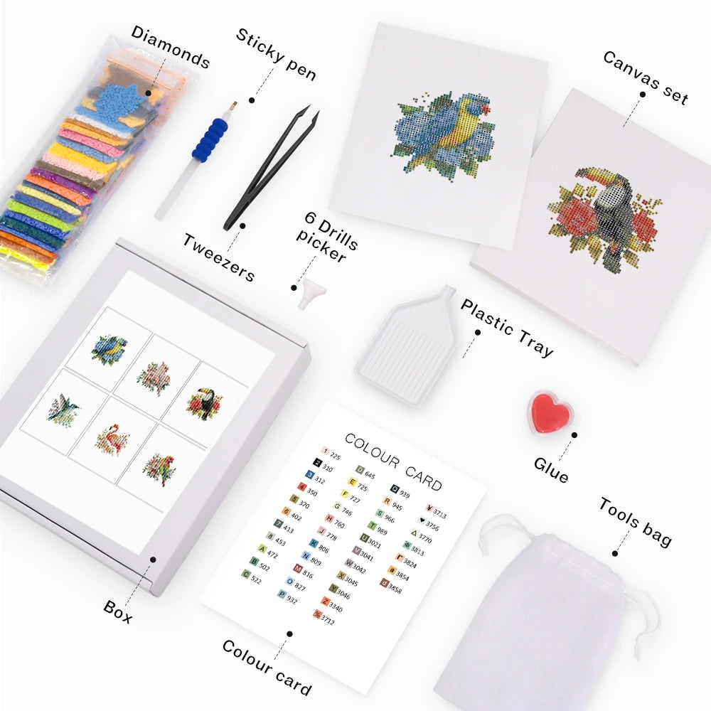 Tropical Birds & Blooms Mini Diamond Painting Set – 6 Pack