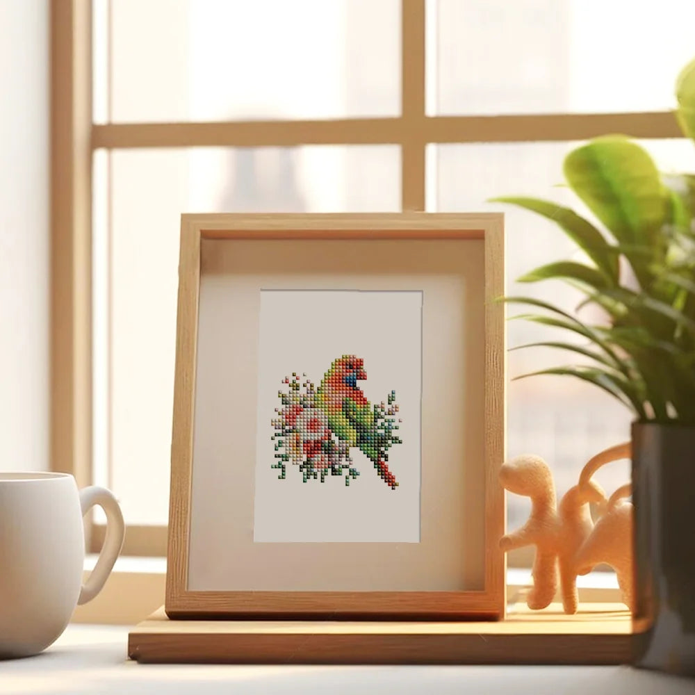 Tropical Birds & Blooms mini diamond painting design displayed in a decorative room setting