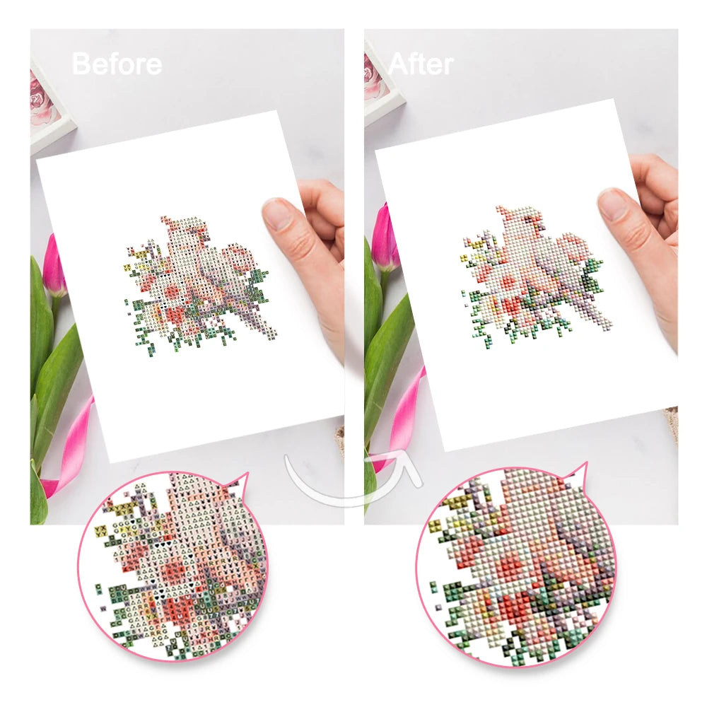 Before and after view of a Tropical Birds & Blooms mini diamond painting design