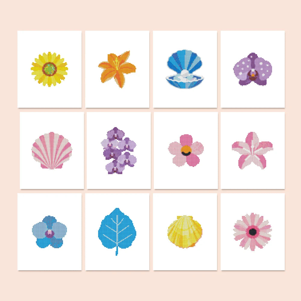 Tropical Blooms & Shells twelve-pack mini diamond painting set with all designs