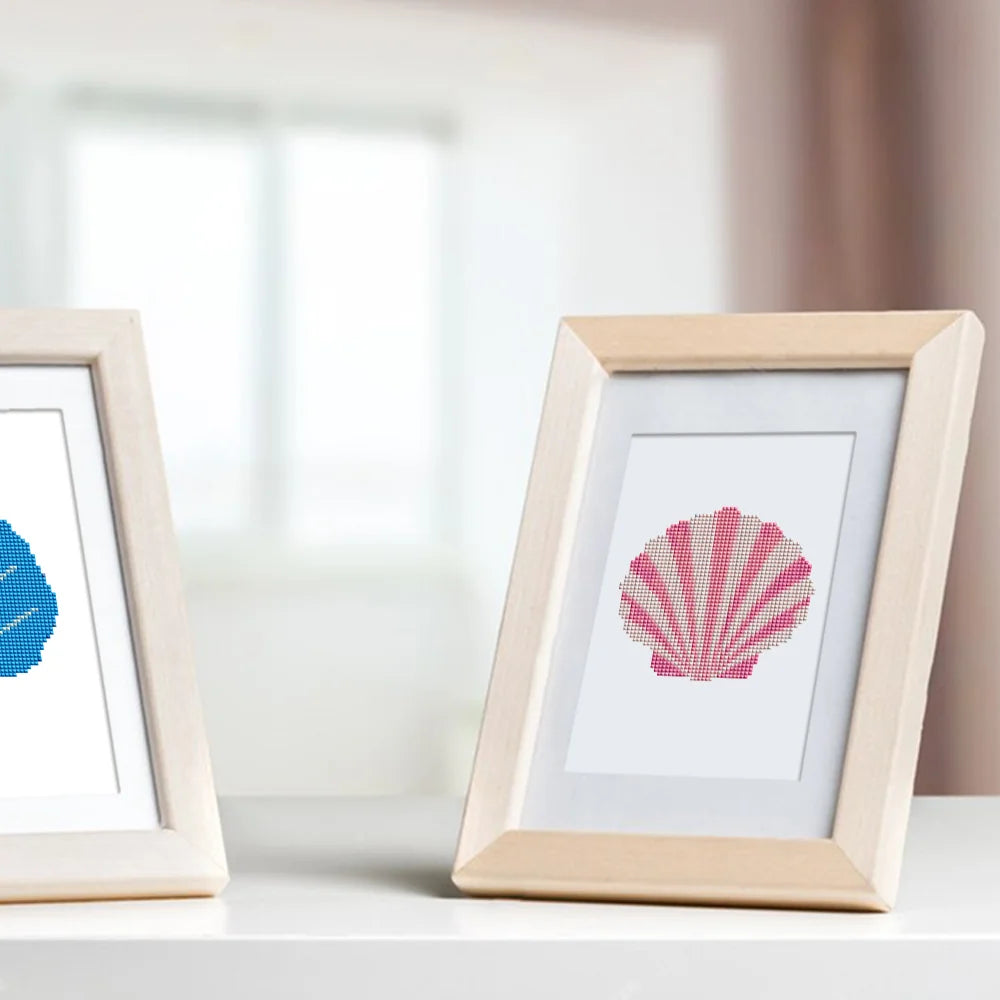 Tropical Blooms & Shells mini diamond painting design displayed in a decorative room setting