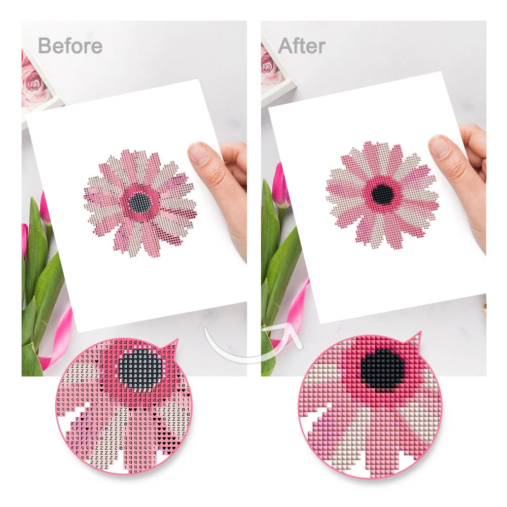 Before and after view of a Tropical Blooms & Shells mini diamond painting design