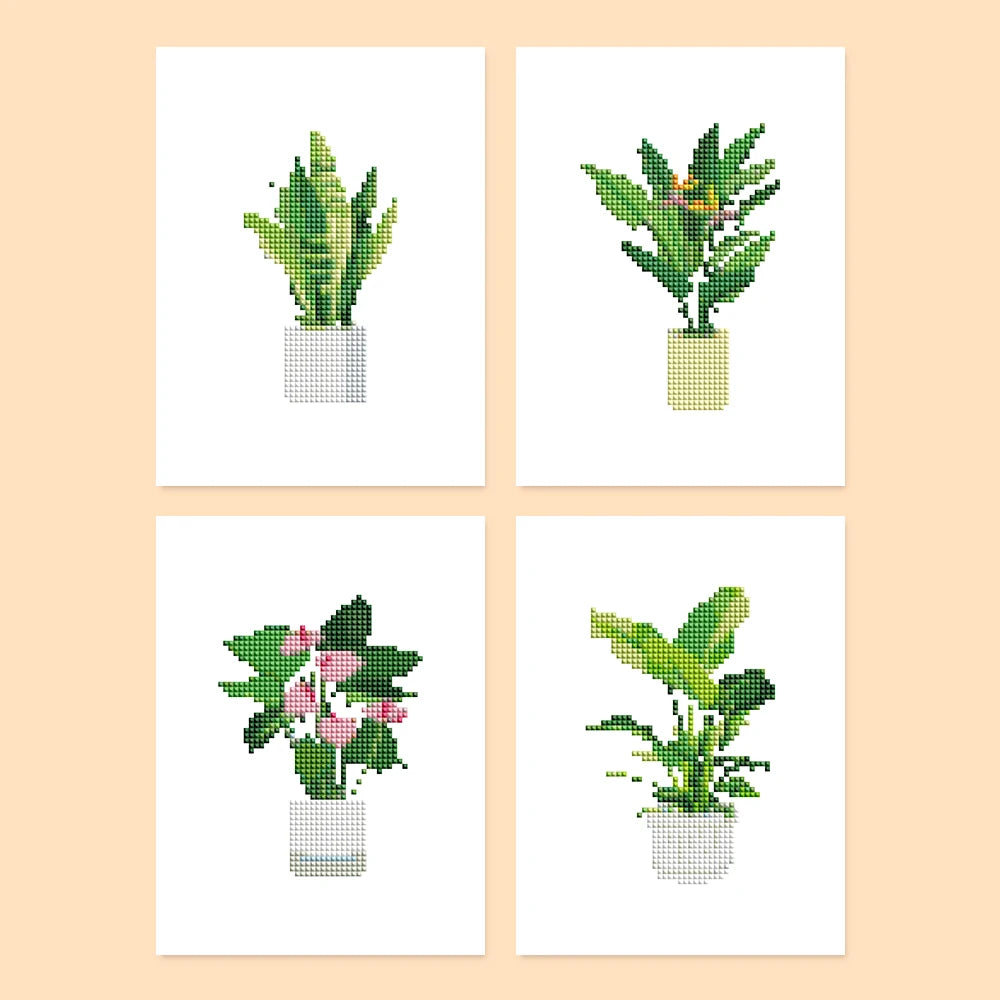 Tropical Houseplants four-pack mini diamond painting set with all designs