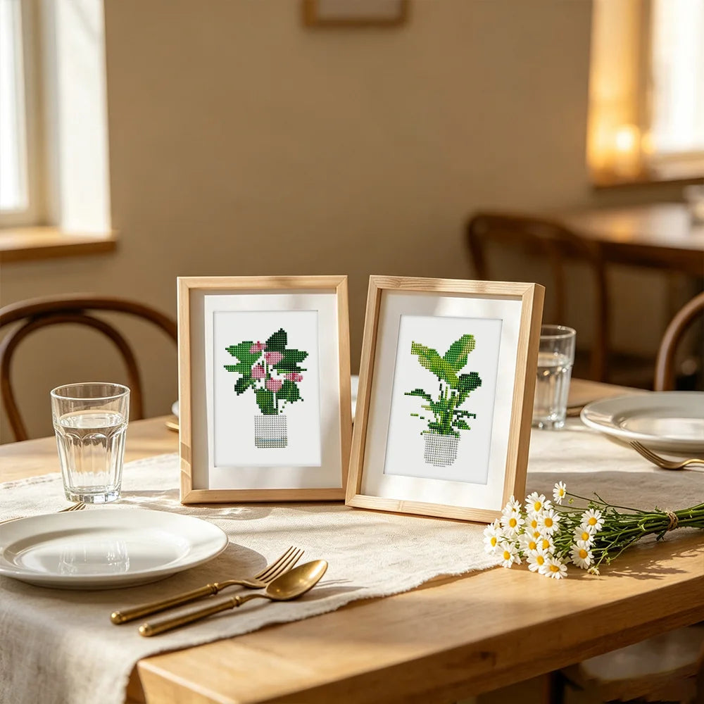Framed Tropical Houseplants mini diamond painting artwork displayed in a styled setting